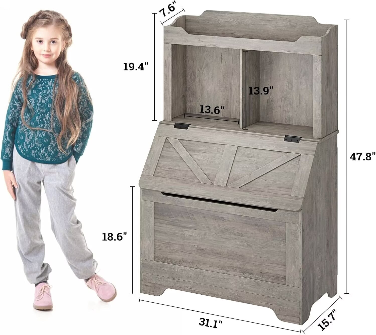 Kids Book shelf and Toy Storage Box, 3-layer Wooden Toy Storage Box with Flip Storage Box and 2-layer Children's Bookshelf, Suitable for Playroom, Bedroom Living Room, Kindergarten, Grey