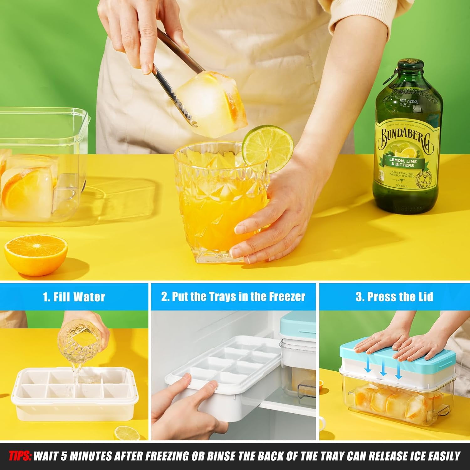 Large Ice Cube Tray With Lid and Bin, Ice Trays for Freezer, 2 INCH Whiskey Ice Cubes Mold, 1*8 pcs Square Ice Cube Mold with Tong, Easy to Release, Large Ice Tray for Whiskey Cocktail Bourbon