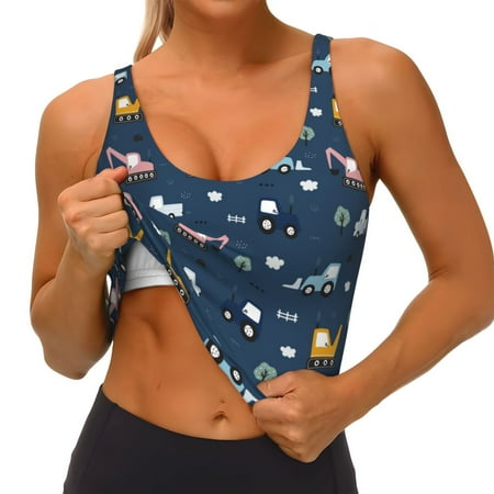 Qokaie Modern Modern Excavator Pattern Womens Scoop Neck Sports Bra Breathable Workout Vest Padded U Back Medium Impact Fitness Gym Yoga Bra Workout Crop Top