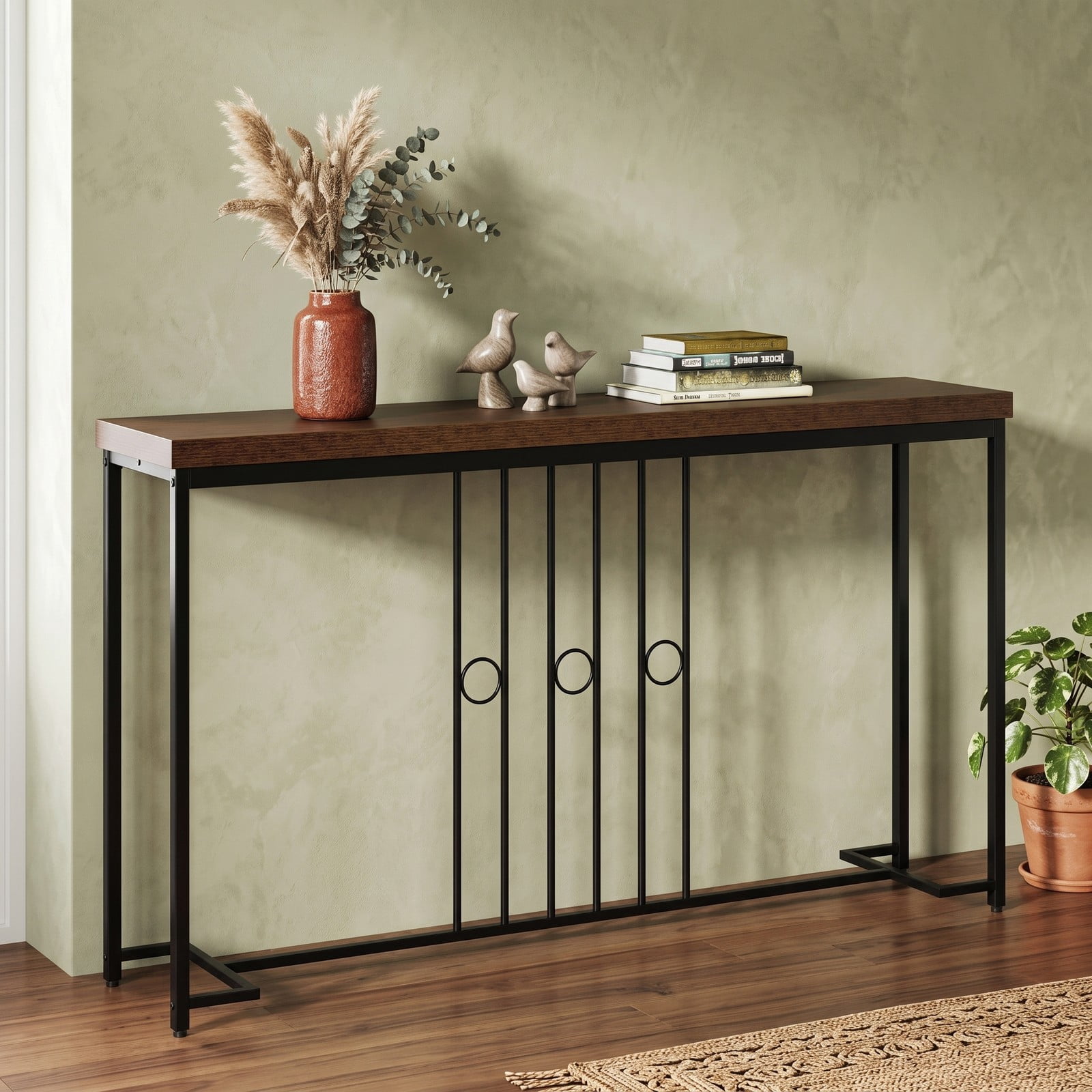 Furnibear 55 Inch Industrial Console Table with Spacious Wood Tabletop and H-Shaped Metal Base for Entryway and Living Room, Brown