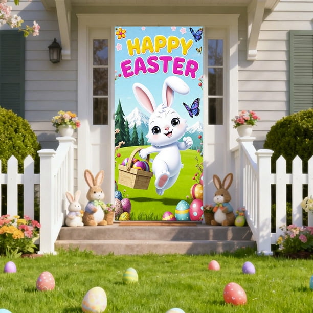 CaiYueKe Easter Door Cover Decoration Outdoor Party Decor Spring Holiday Door Curtain Bunny Rabbit Egg Festive Atmosphere Photography Backdrop Vertical Horizontal Hanging Decorations