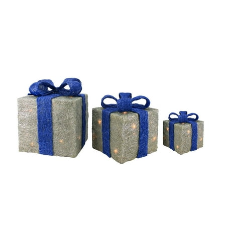 Set of 3 Lighted Silver with Blue Bows Sisal Gift Boxes Set of 3 Lighted Silver with Blue Bows Sisal Gift Boxes
