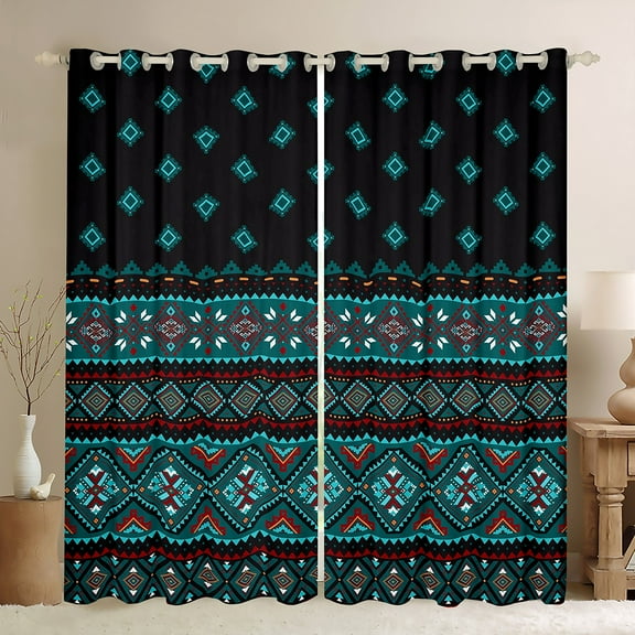 jejeloiu Retro Aztec Blackout Curtains,Boho Geometric Curtains Pack of 2 (38x45 Each),Cyan Geometric Window Curtains For Men Women,Luxury Bedroom Decor