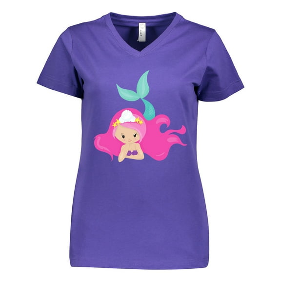 Inktastic Cute Mermaid, Pink Hair, Green Tail Women's V-Neck T-Shirt