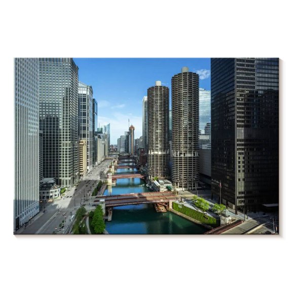 Elephant Stock Chicago Riverside Towers Wall Art - Horizontal Canvas Wall Art - Living Room Wall Decor - Places Canvas - Gray And Blue Decor - 24" x 16"