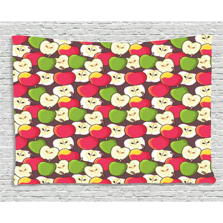 Apple Tapestry, Abstract Red and Green Varieties of Winter Fruits Juicy Vitamin Sources Fresh Food, Wall Hanging for Bedroom Living Room Dorm Decor, 80W X 60L Inches, Multicolor, by