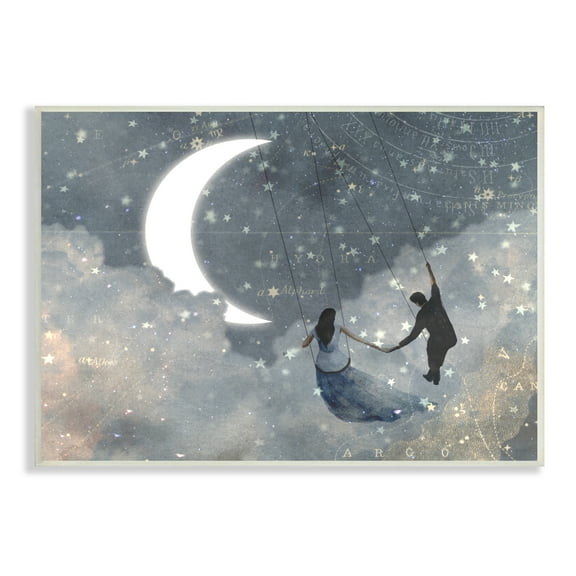 The Stupell Home Decor Collection Grey and Blue Celestial Love Sky Swinging by the Crescent Moon and Stars Oversized Wall Plaque Art, 12.5 x 0.5 x 18.5