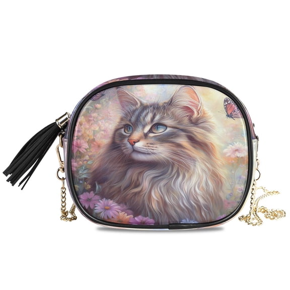 Womens Casual Chain Shoulder Bag Simple style Cat in Flower Field Crossbody Bag