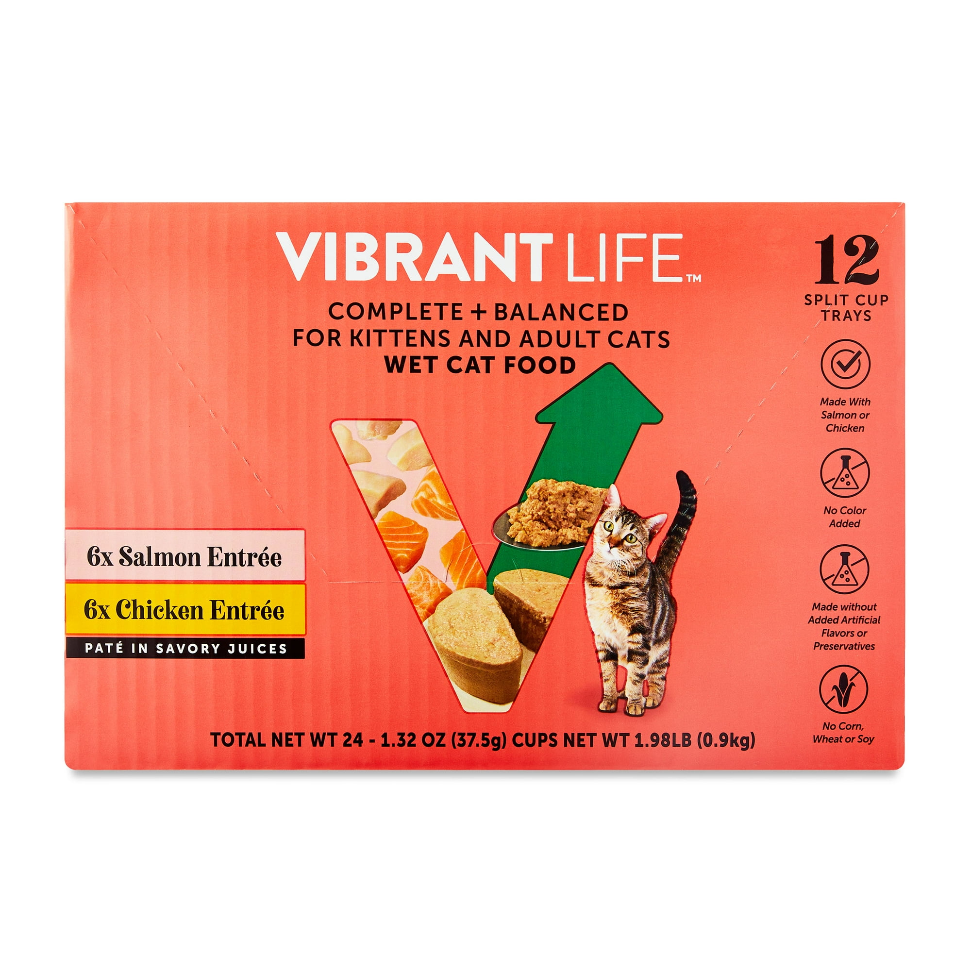 Vibrant Life Wet Cat Food, Salmon & Chicken Pate in Savory Juices, Grain-Free, 2.64 oz Split Trays, 12 Count