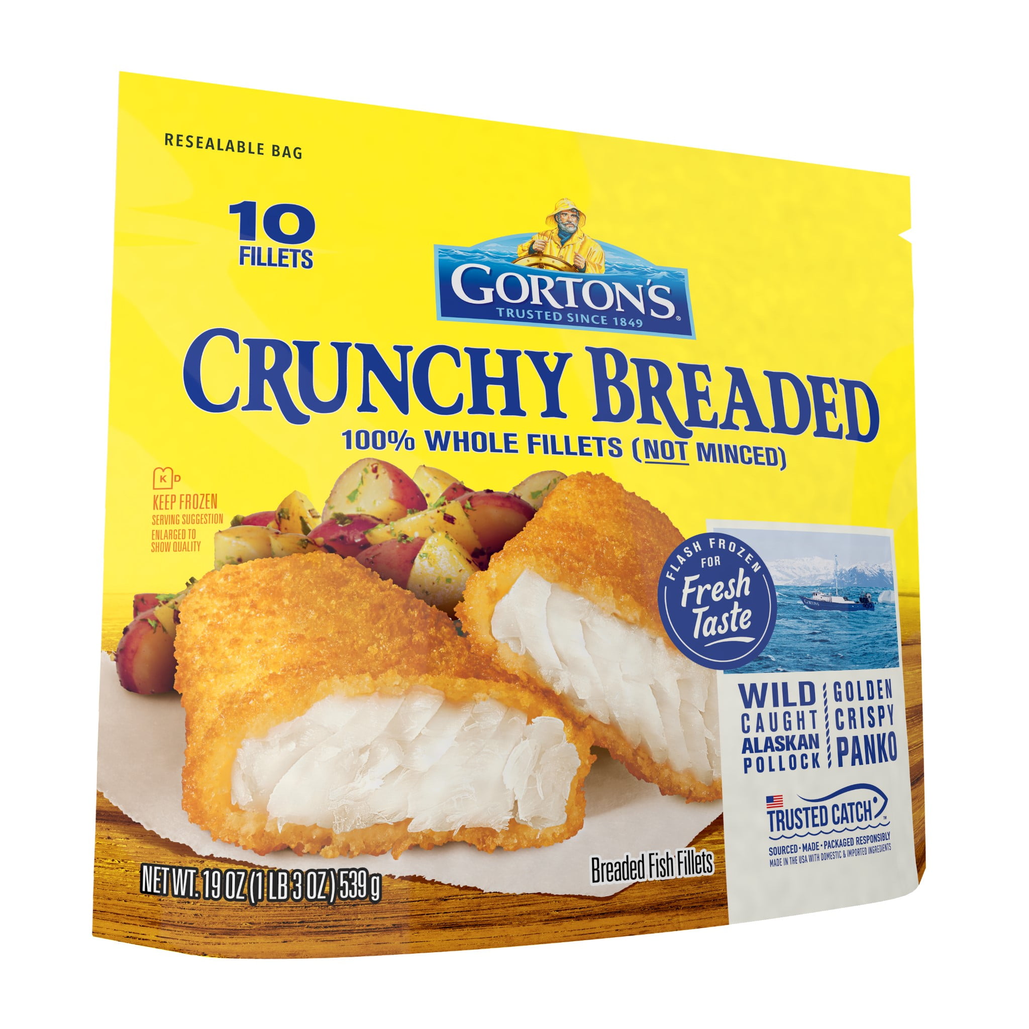 Gortons Crunchy Breaded Fish 100% Whole Fillets, Wild Caught Alaskan Pollock with Crunchy Panko Breadcrumbs, Frozen, 10 Count, 19 Ounce Resealable Bag