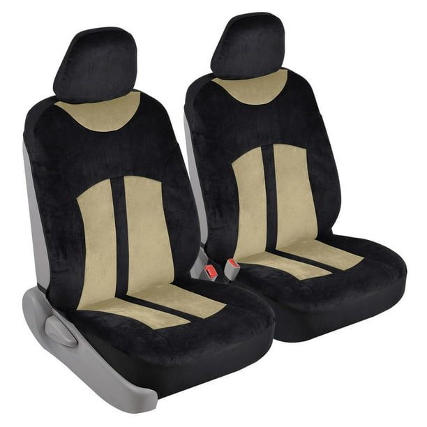 Velvety Smooth Soft Velour 2pc Car Seat Covers for Front Bucket Auto Seats (Black & Beige Tan