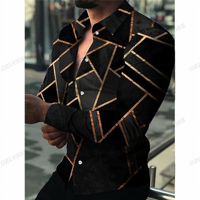 Camisas hawaianas de manga larga para hombre, camisas de moda, blusas de estilo europeo de lujo, blusas de playa doradas, ropa para hombre, camisas Voion para hombre