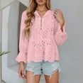 thumbnail image 2 of MIXUE Boho Tops For Women Summer Solid Color V Neck Long Sleeve Lace Hollow Out Blouse Cardigan T Shirts Holiday Wear,Pink,M, 2 of 5