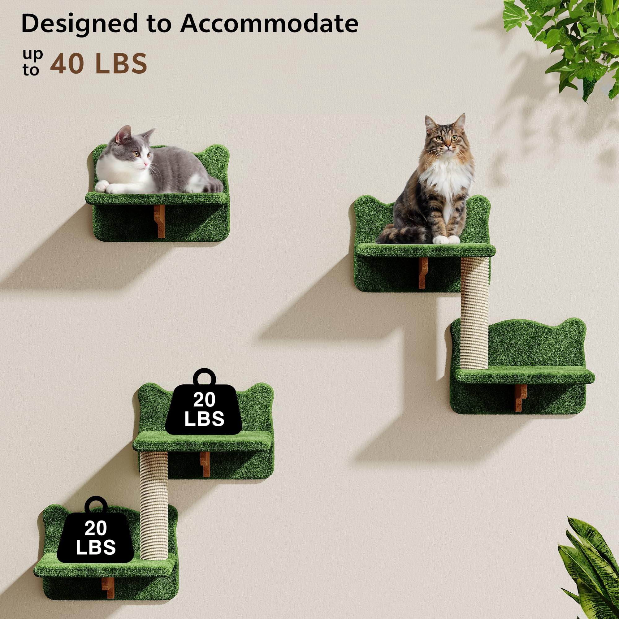 9-in-1 Cat Wall Shelves  Multi-level Mounted Cats Furniture Set With Plush Fabric Floor Space-saving Wooden Climbing Systems Bridge Ladder Condos Green