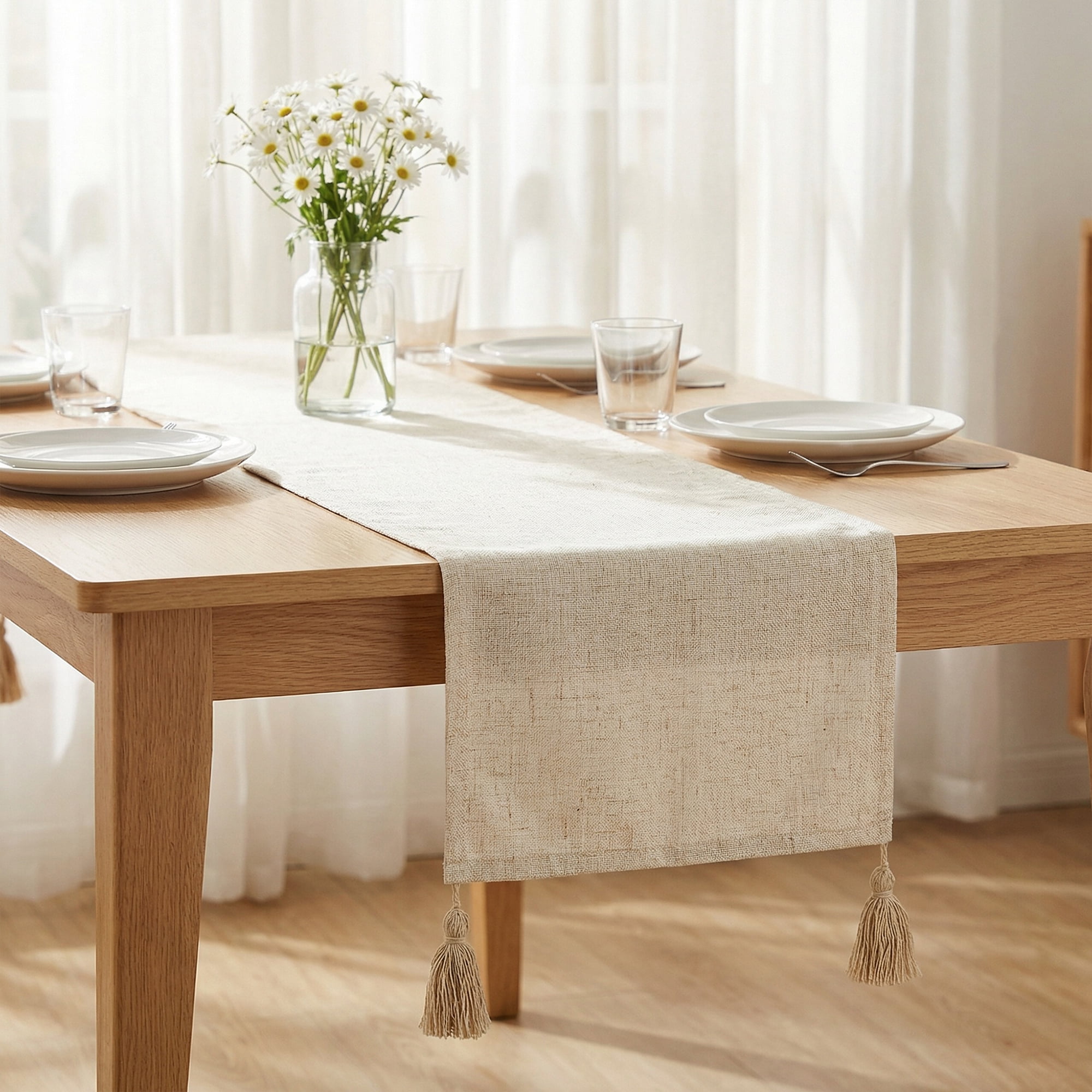 Unique Bargains Table Runner for Kitchen Decor with Tassel White 11.8x63in
