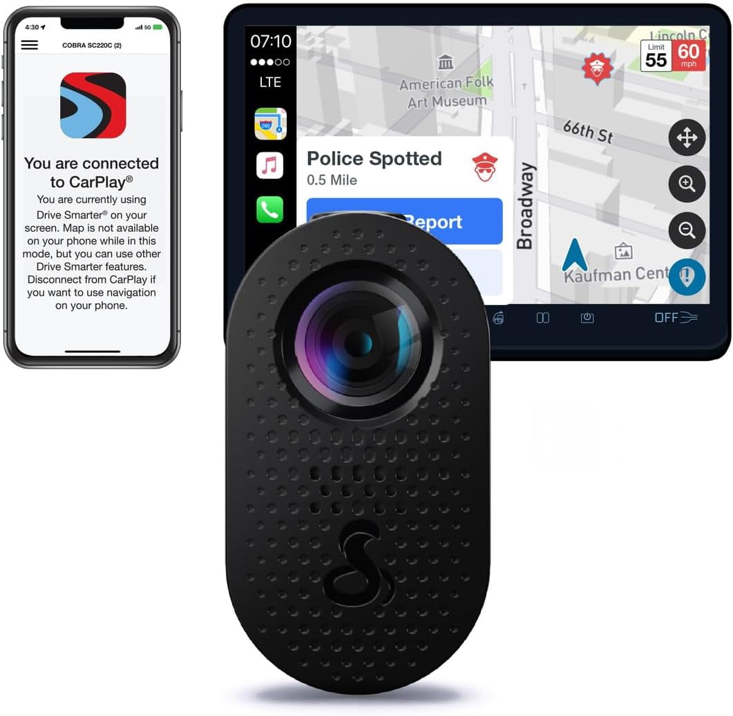 Cobra SC110 Dash Cam with 32GB SD Card – QHD 1440P Compact Dash Camera with Night Vision, Built-in WiFi, Live Police Alerts, CarPlay & Android Auto, Continuous Recording