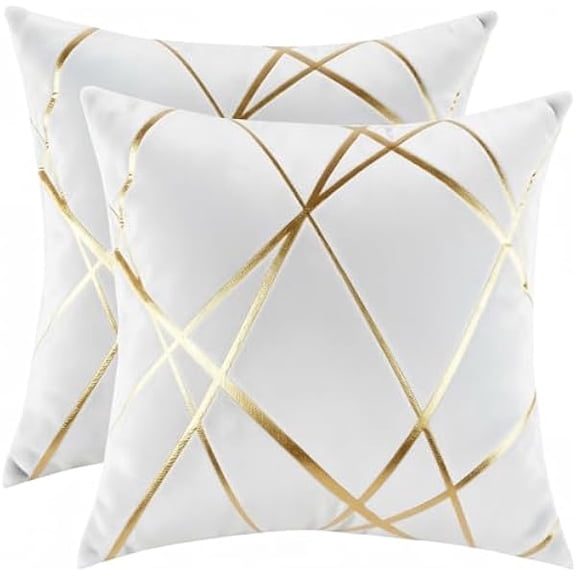 Eryueer Pack of 2 Velvet Cushion Covers 40 x 40 cm Luxury Gold Striped Decorative Throw Pillow Covers White Soft Square Cushion Case Couch Pillowcases for Sofa Living Room Bedroom