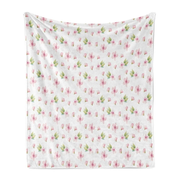 Cherry Blossom Soft Flannel Fleece Blanket, Fresh Spring Meadow Fragrance Joy and Love Tender Season Flowers, Cozy Plush for Indoor and Outdoor Use, 50" x 60", Pale Pink Green White, by Ambesonne