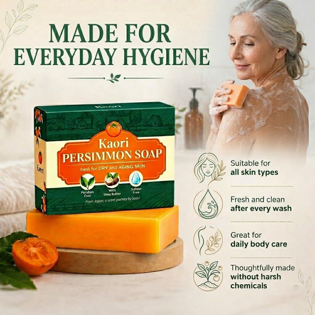 Kaori Deodorizing Persimmon Soap – Gentle for Dry & Aging Skin, Japanese Persimmon + Green Tea Extract, Natural Body Wash for Men & Women – All-Day Freshness (2PCS)