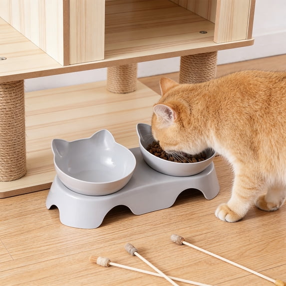 Cat Bowls, Cats Food Bowls Elevated Tilted, Anti Vomiting Cat Bowl for Puppy and Bunny, Orthopedic for Indoor Cats Gray