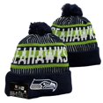 thumbnail image 2 of Seattle Seahawks Navy, Grey & Green Textured Knit Unisex Pom-Pom Beanie with Bold 'SEATTLE SEAHAWKS' Lettering & Hawk Head Team Logo Accents, Adjustable for All Enthusiasts, 2 of 87