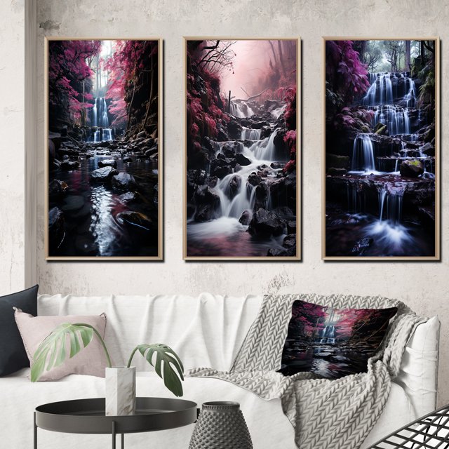 Designart "Uncharted Journey Beneath the Pink Tree Waterfall I" Landscapes Framed Wall Art Set Of 3 - Pink Waterfall Frame Gallery Wall Set For Home Decor