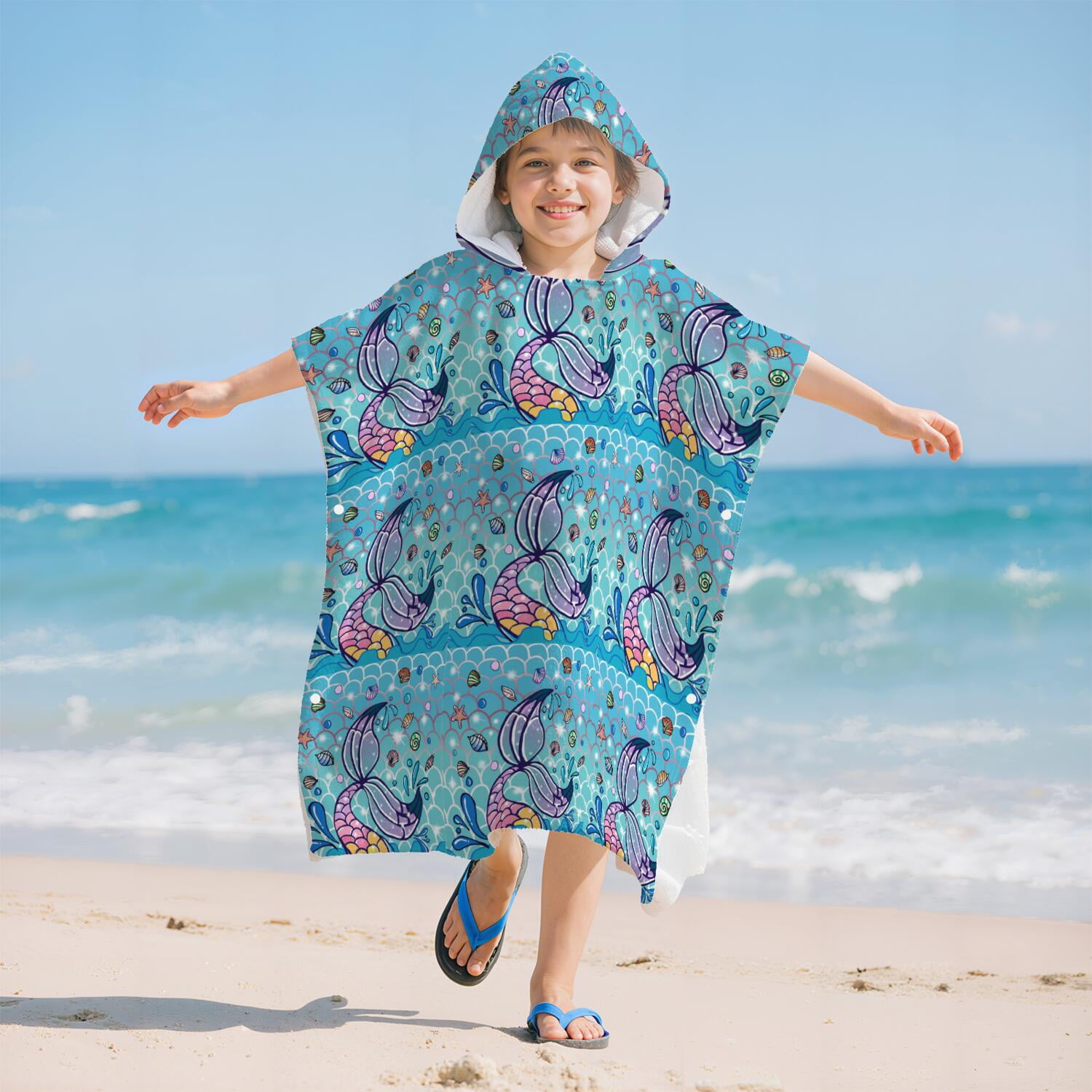 Hooded Kids Beach Towels - Toddler Bath Towel Girls Boys Swimming Cover-ups for Ages 2 to 6 Kids Pool Towels Quick Dry Lightweight Soft Microfiber Poncho Towel 28x28 (Mermaid Seashell)