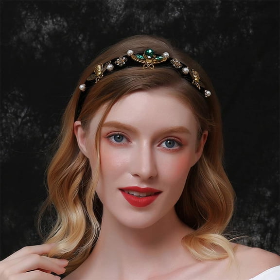 Baroque Crystal Headband Bridal Vintage Pearl Gemstone Bee Embellished Tiara Crown Luxury Wide Velvet Hair Hoop for Wedding
