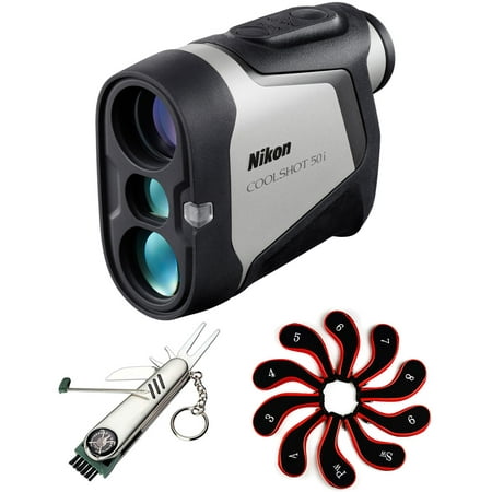 Nikon 16760 COOLSHOT 50i Golf Rangefinder with OLED Display & Built-in Mounting Magnet Bundle with Steel 7-in-1 Multi-Function Golf Tool and Neoprene Zippered Headcover for Golf Club Iron Head