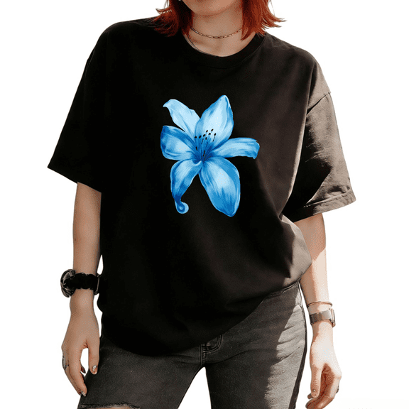 Cozymy Women's Blue Lily Flower Graphic Comfortable Short Sleeve T-Shirt Versatile All-Occasion Tees Tops