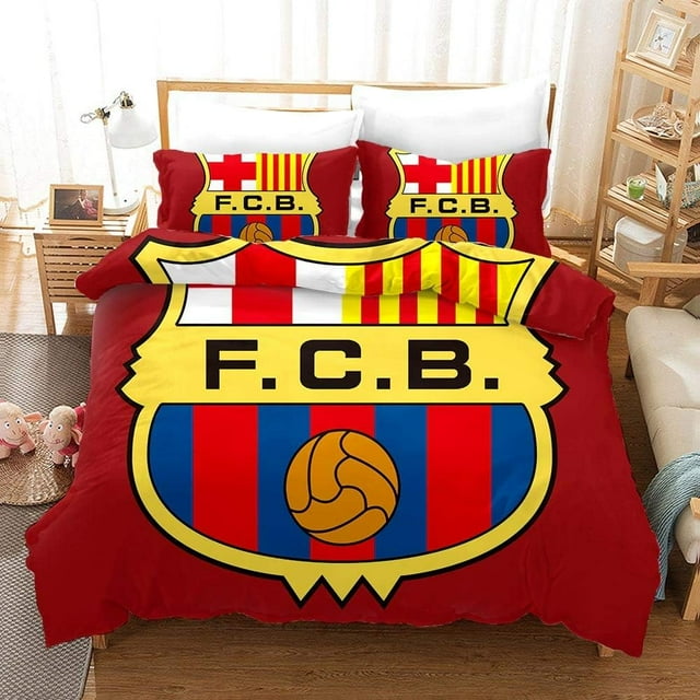 LAICAIW Barcelona Ensemble de Housse de Couette - Ensemble de Housse de Couette 3D Club de Football - Ensemble de Housse de Couette en Polyester - Ensemble de Literie 3 Pcs Format Très Grand, 1 Housse de Couette et 2 Taies d'Oreiller, Lit Simple/double/Grand/Très Grand/California Très Grand, Sans Co