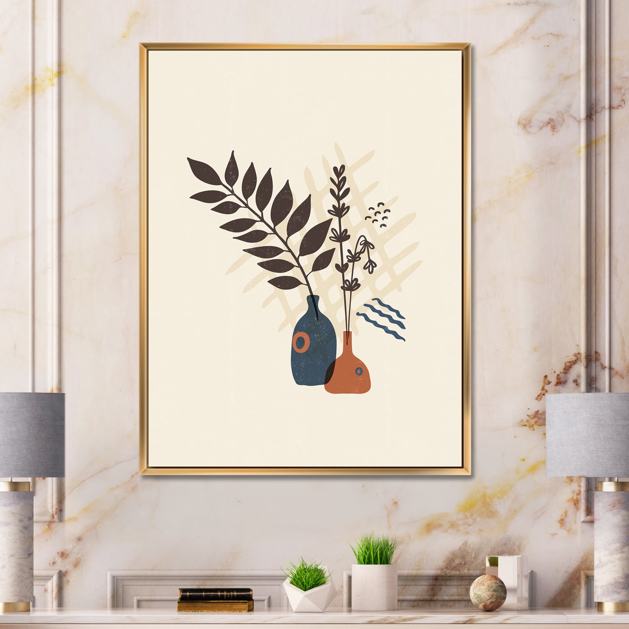 Designart 'Ancient Boho Art Minimalistic Flowers I' Modern Framed Canvas Wall Art Print