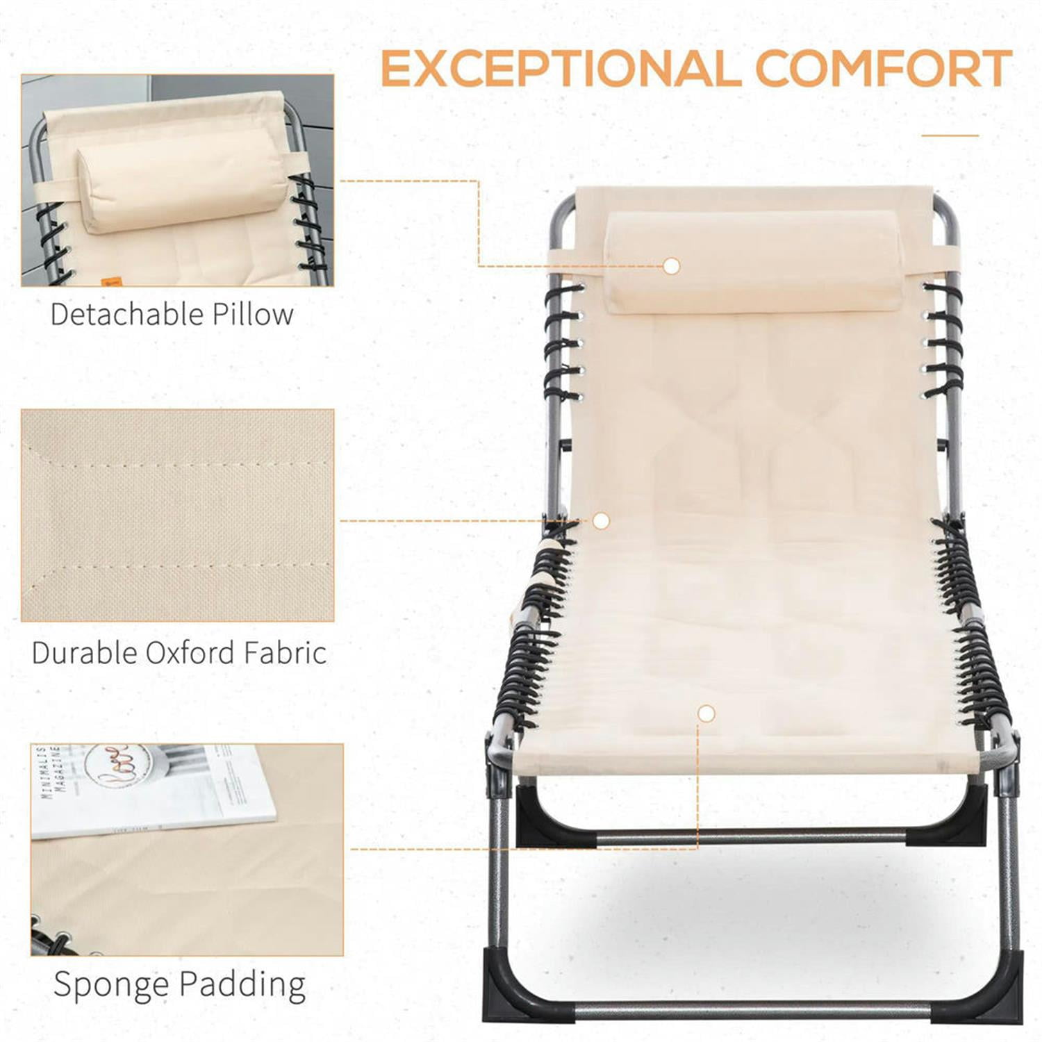 Demi Bonn Outdoor Padded Reclining Chaise Lounge, 6-Level Folding Beach Relaxation Chair with Headrest for Patio Pool Sunbathing, Beige