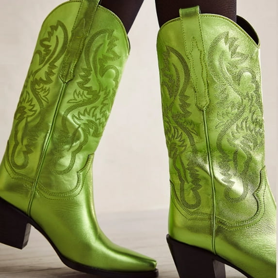 CELNEPHO Women's Metallic Western Cowboy Boots Embroidered Chunky Heel Retro Pointed Toe Cowgirl Shoes Green Size 8