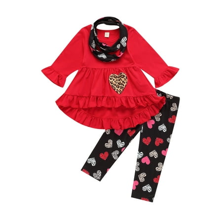 

JYYYBF 1-6 Years Valentine s Day Toddler Baby Girl Outfit Heart Long Sleeve Ruffle High-Low Dress Top Pants Scarf 3Pcs Clothes Set Red 2-3 Years