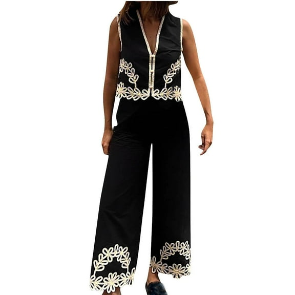 2 Piece Sets for Women Summer Linen Vest and Wide Leg Pants Embroidery Casual Loose Outfits Sleeveless Vacation Suits (Black L)