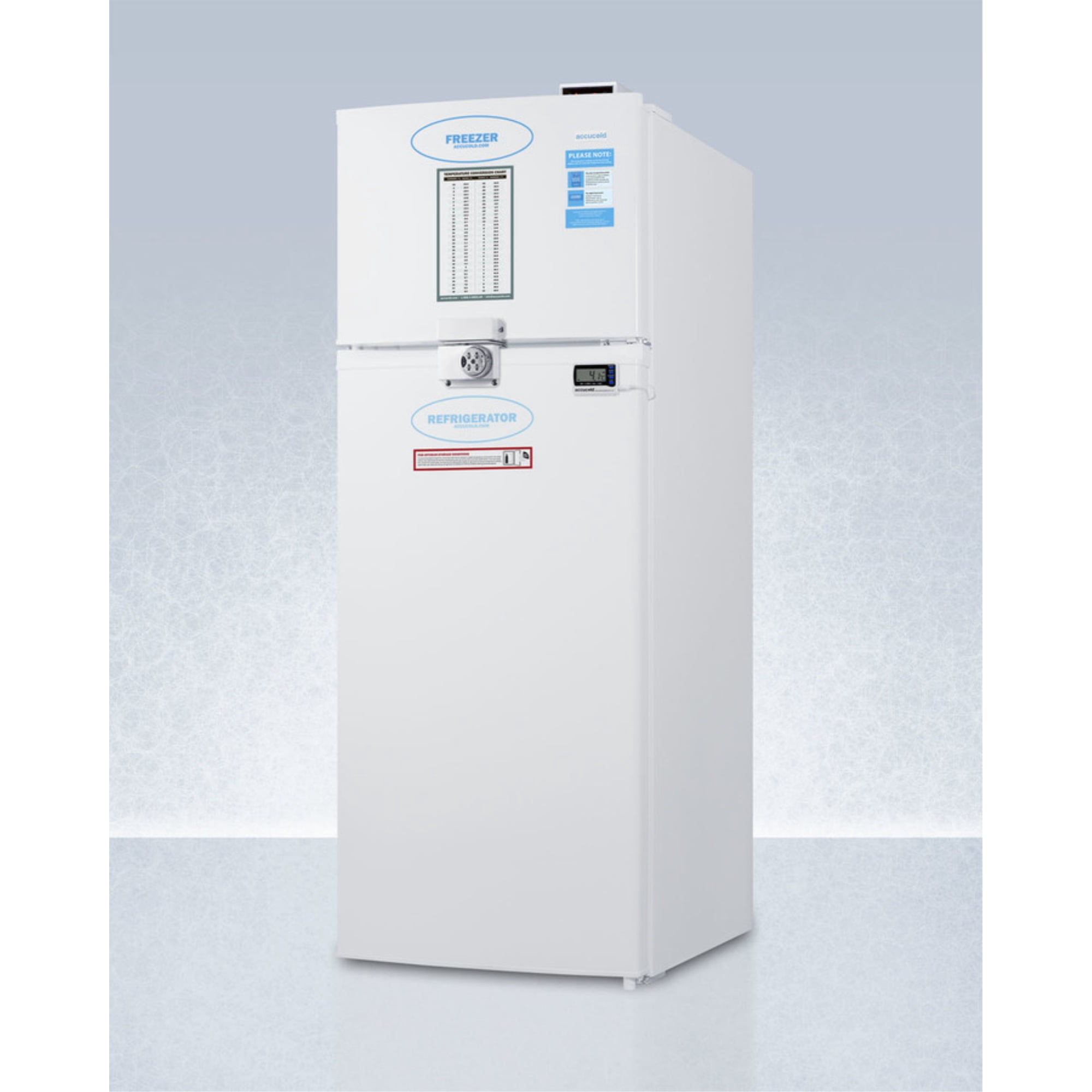 General purpose refrigerator-freezer with front lock, digital controls, internal fan, NIST calibrated alarm/thermometer, and 2-8C refrigerator section