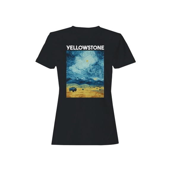 Starry Yellowstone Bison Night Graphic Women's Black T-Shirt