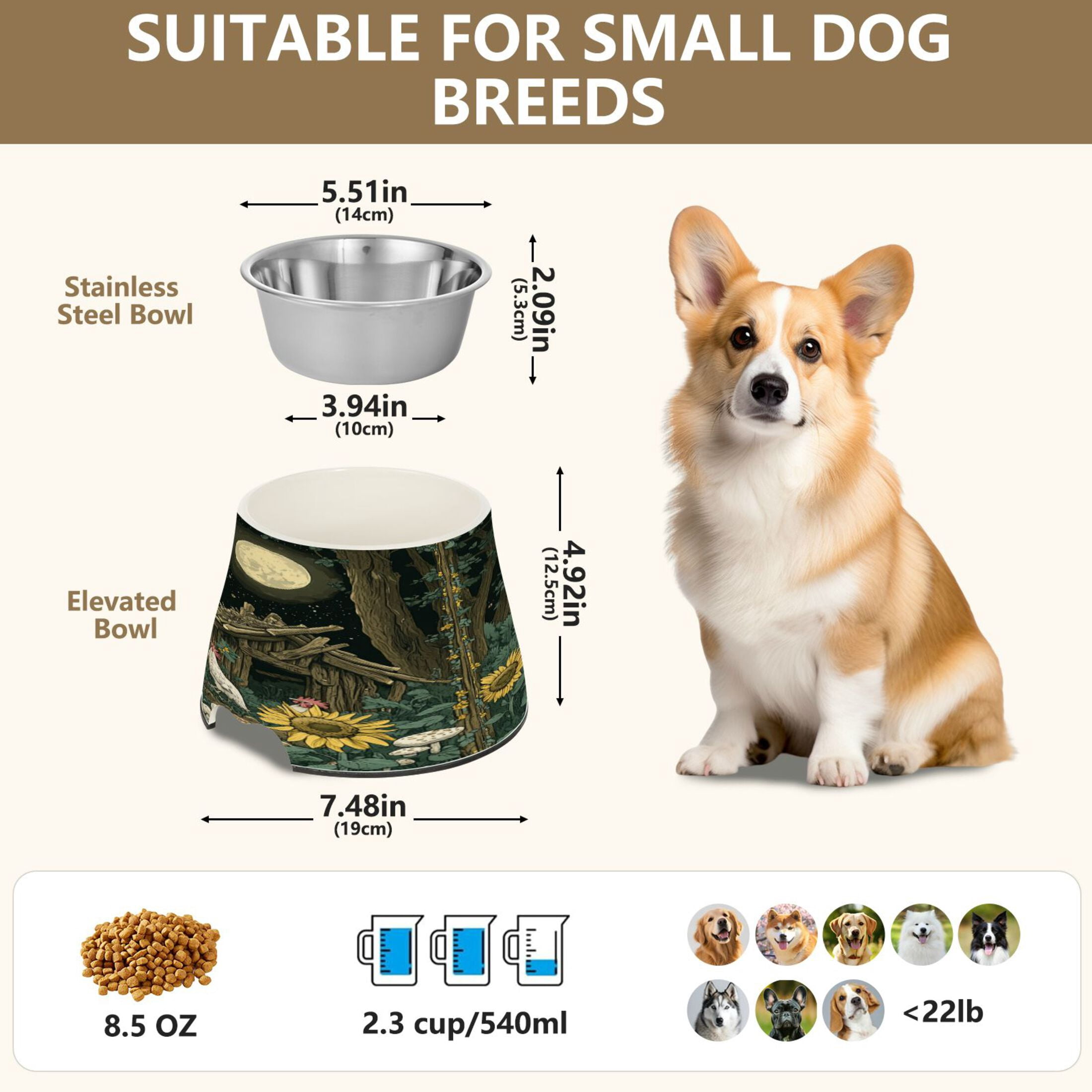 Raised Pet Bowl with Removable Stainless Steel Insert Anti-Slip No-Tip Dog Bowl for Small to Medium Pets Extra Large Possum