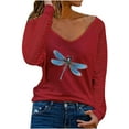 thumbnail image 1 of Machine d'Impression de T-Shirts Mode Femme Col en V Manches Longues T-Shirt Automne Impression Blouse Ample Hauts, 1 of 1