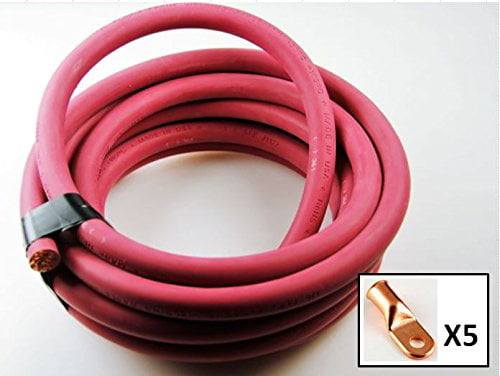 20 Feet Red/20 Feet Black 1/0 Gauge, Crimp Supply Ultra-Flexible Car Battery/Welding Cable - and 5 Copper Lugs 
