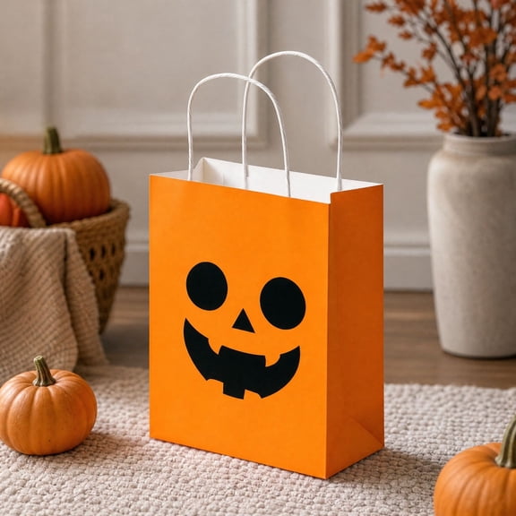 Aonerit Halloween Paper Gift Bags, Orange Treat Bags with Handle, Spooky Party Favor Bags, Candy Cookie Packaging