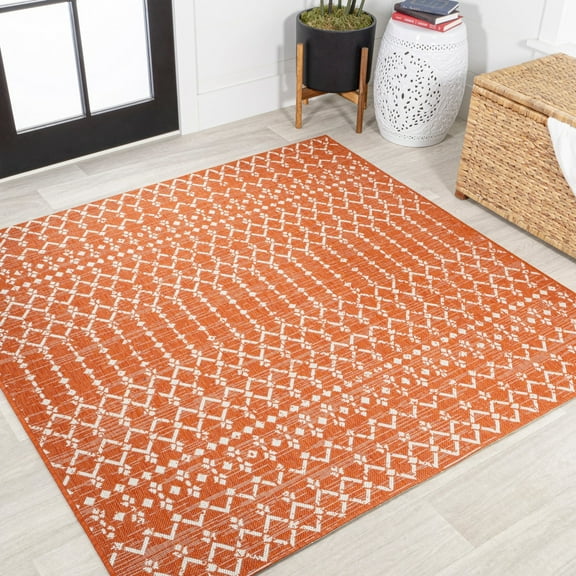 JONATHAN Y SANTA MONICA 5' Square Area Rug, Ourika Moroccan Geometric Textured Weave - Orange/Cream, SMB108P-5SQ