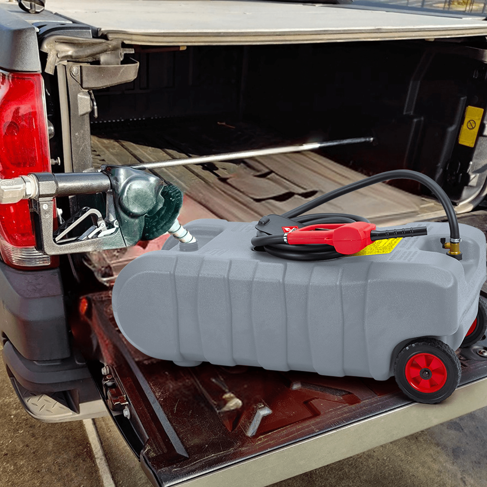 JoanKaren Industrial Portable Fuel Tank 15 Gallon Container Caddy Tank with 10-Foot Hose,Wheeled Utility Transfer Tank,Grey
