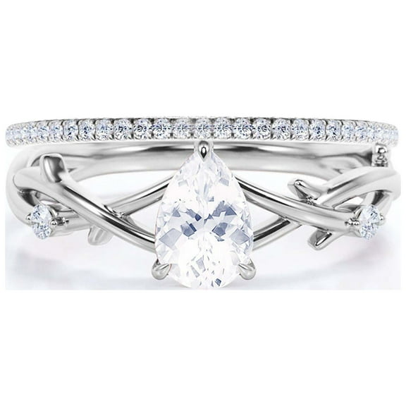 Boho & hippie 1.60 Carat Pear Cut Diamond Moissanite Unique Engagement Ring, Wedding Ring, Inspired And Branch Ring in 925 Sterling Silver With 18k White Gold Plating Gift For Her, Bridal Ring Set