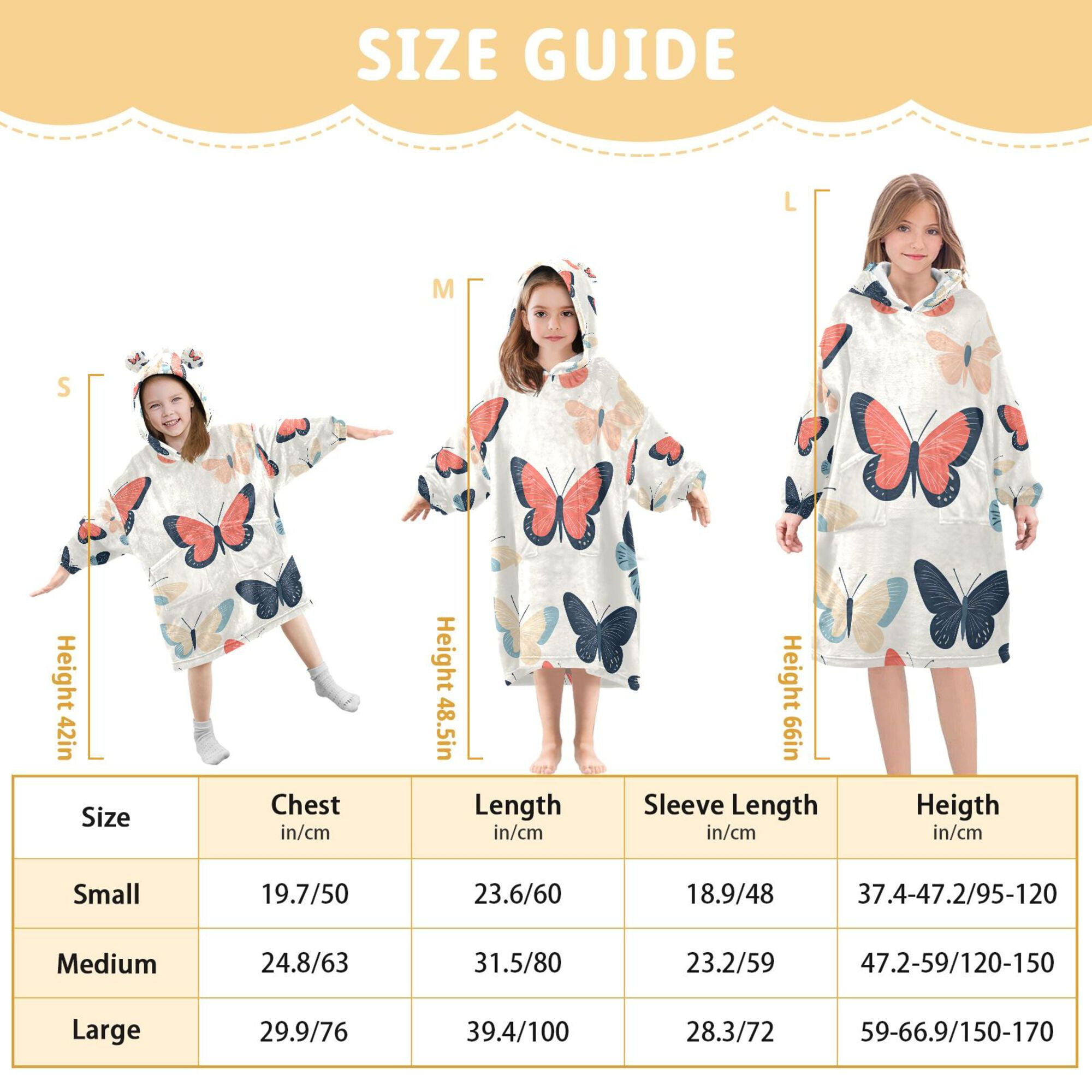 FORMRS Wearable Blanket Hoodie with Sleeves for Kids Cozy Flannel Sweatshirt, Beige Butterflies