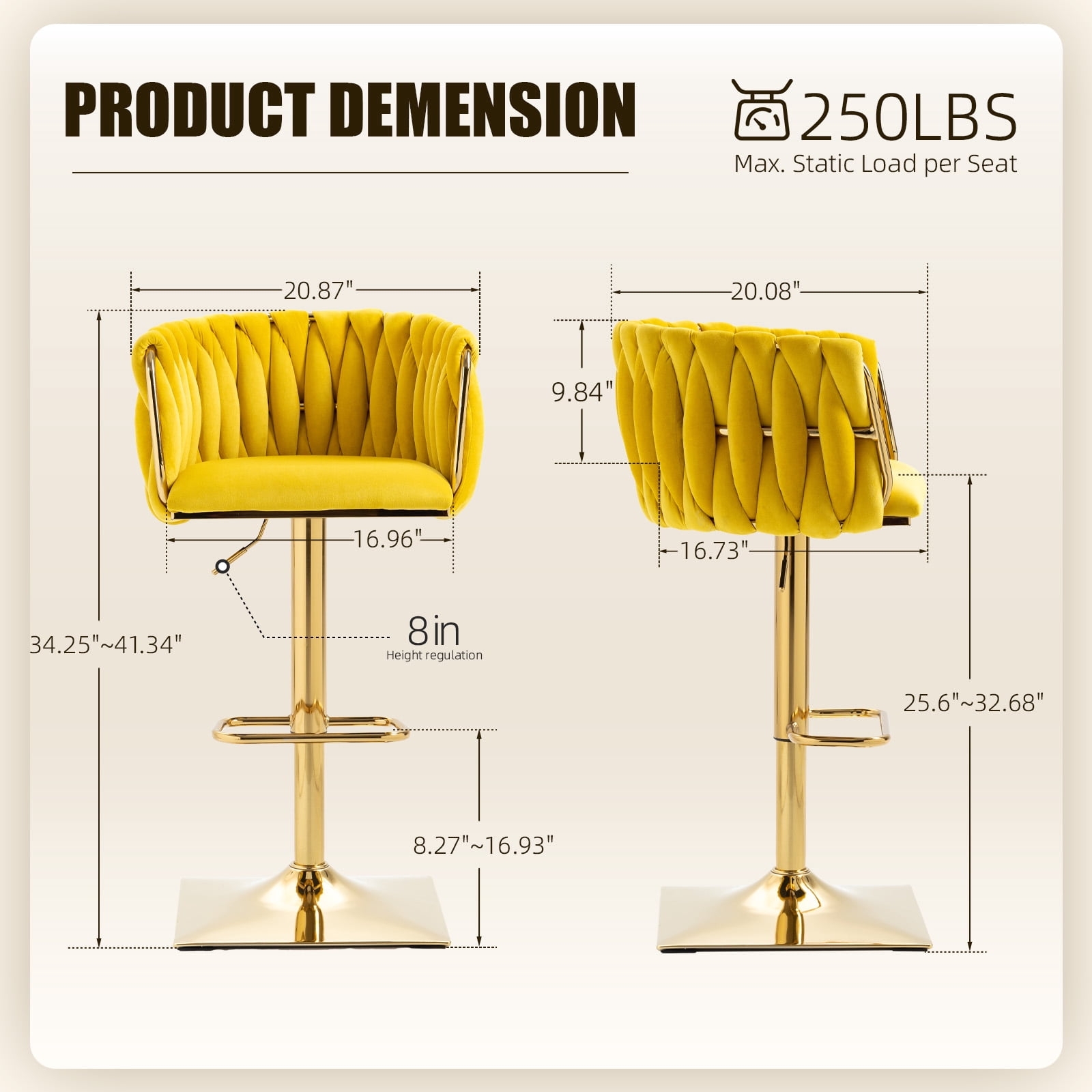 MOONMISS Bar Stools Set of 2, Adjustable Swivel Barstools, Velvet Counter Height Bar Chair with Back and Footrest for Kitchen Island Dining Room Café Pub,Yellow
