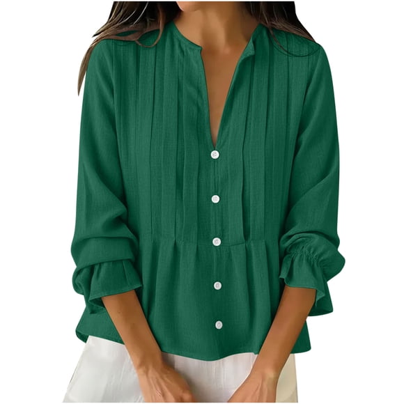 yardsong Women Linen Shirt Ruffle Long Sleeve Pleated Blouses V Neck Button Down Shirt Lightweight Dressy Casual Loose Peplum Tops Green,S