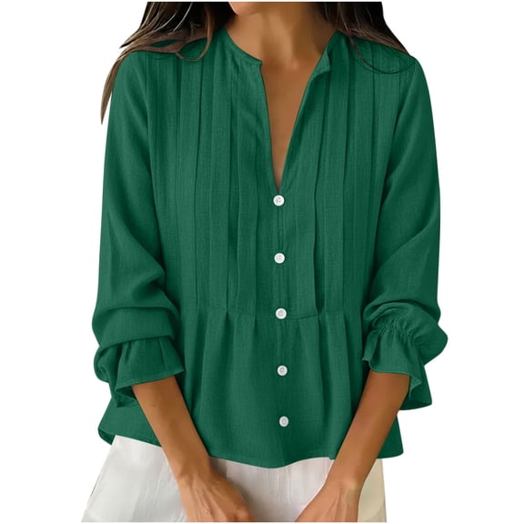 Kukoosong Women's Button Down Shirts Solid Color Long Sleeve V-Neck Pleated Linen for Fall Resort Wear Tops, Casual Trendy Elegant Shirts for Women