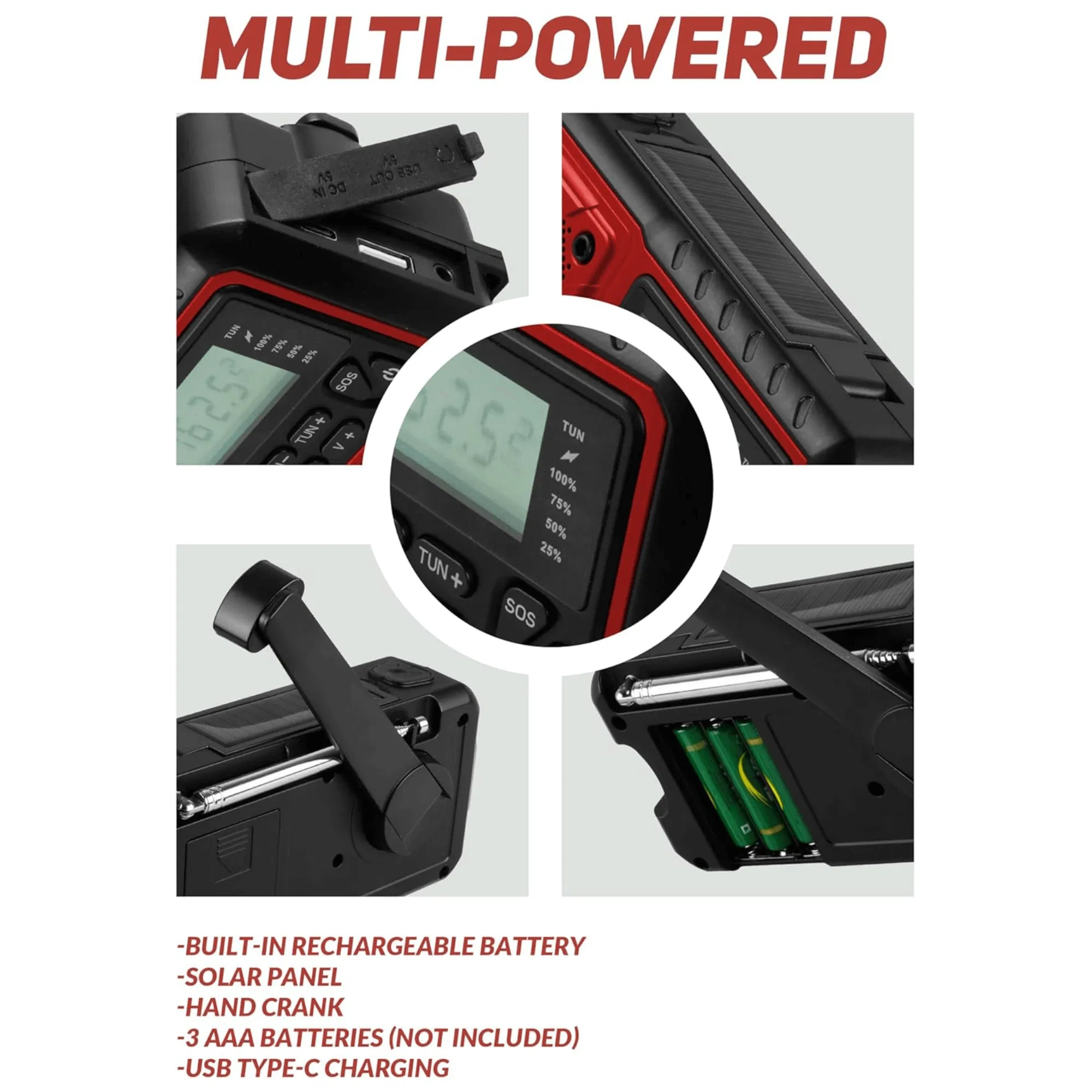 Multifunctional radio, multi-power emergency radio and NOAA, with built-in rechargeable battery, solar panel and hand-crank, suitable for emergencies and outdoor use